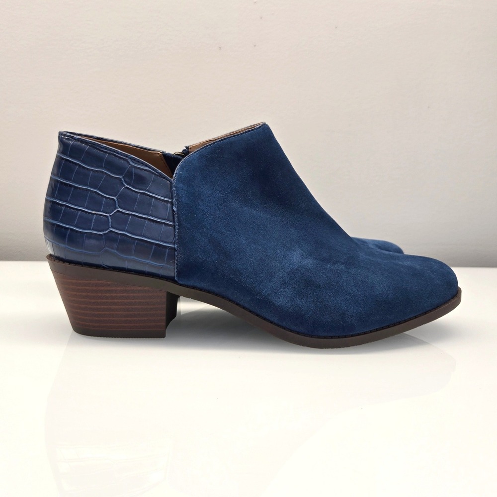 Vionic Marissa Ankle Booties Size 12 Blue Suede Croc Embossed Comfort Block Heel